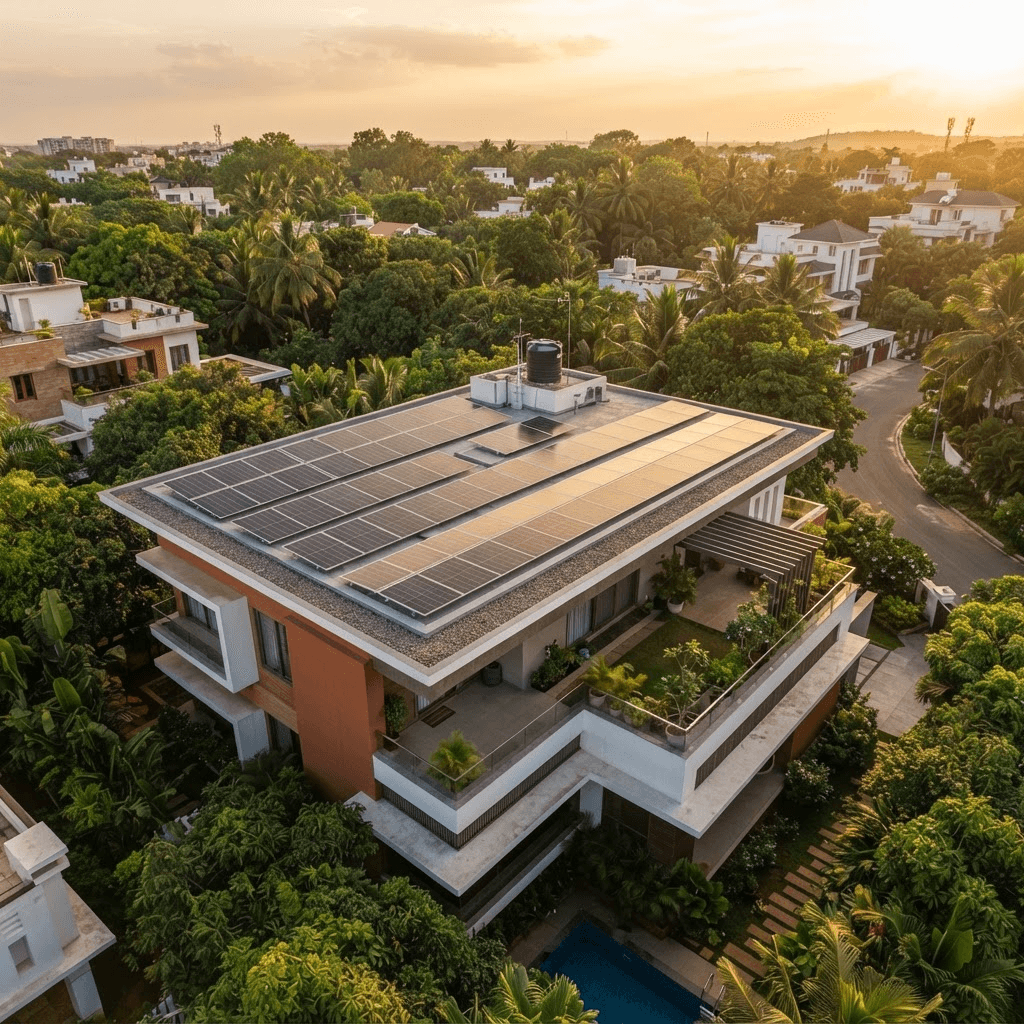 Aerial view of a modern rooftop covered with solar panels at golden hour